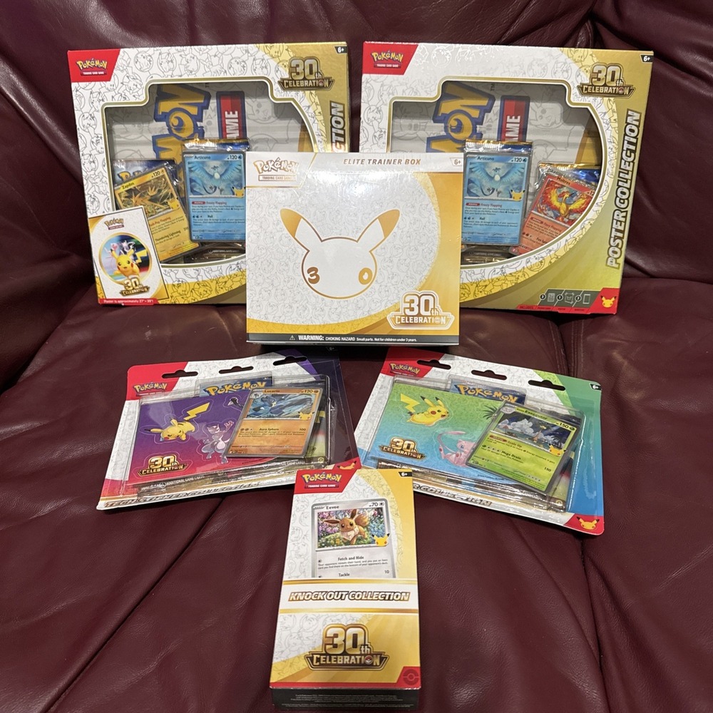 Pokemon 30th Anniversary ETB,KNOCK OUT,POSTER COLLECTION X2, TECH STICKER X2